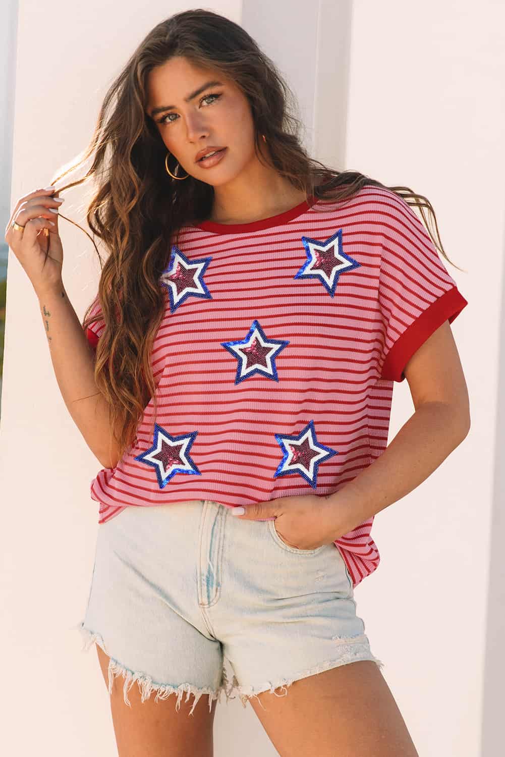 Patriotic Red Striped Tee with Sequined Stars for Women