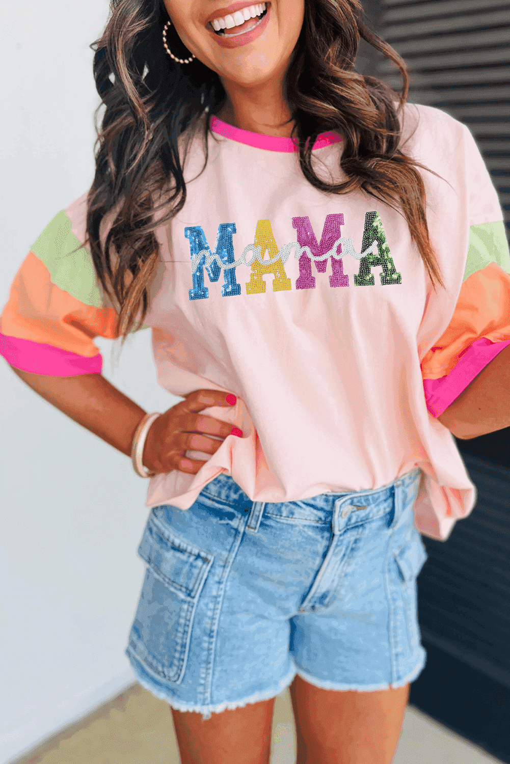 Pastel Sequin MAMA T-Shirt with Color Block Sleeves
