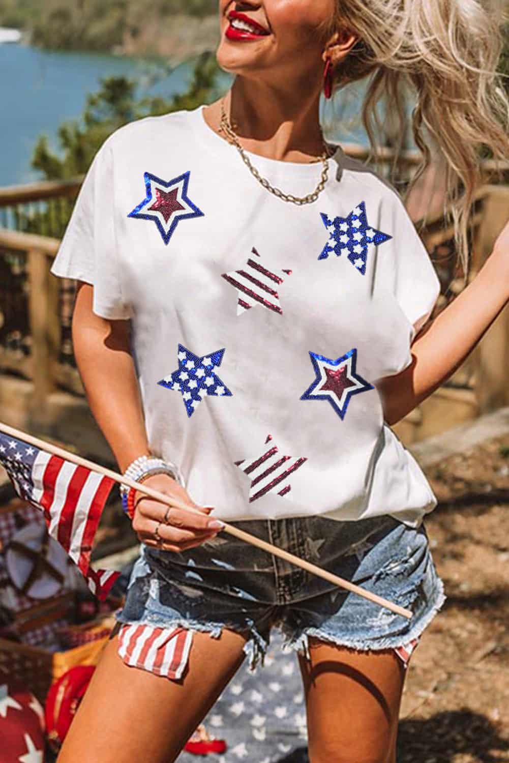 USA Flag Sequin Star Graphic Tee for Women