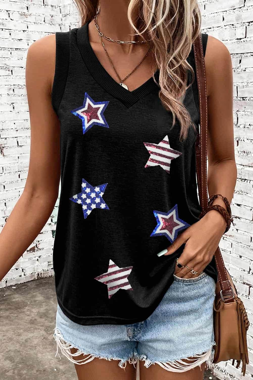 Women's V-Neck Star Sequin Tank Top for Summer